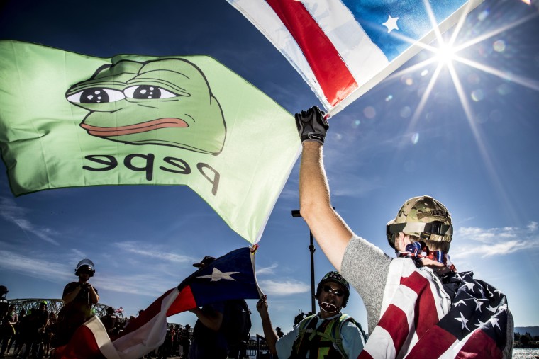 Image:A man holds a flag with an image of Pepe the Frog during a rally by Patriot Prayer, a far-right group led by Joey Gibson, in Portland, Ore., on September 10, 2017.