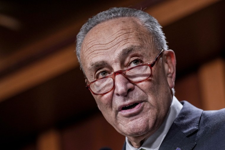 Senate Majority Leader Chuck Schumer, D-N.Y., speaks on the CHIPS and Science legislation and the Inflation Reduction Act of 2022, at the Capitol, on Thursday.