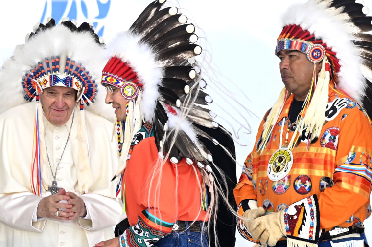 Image: Pope Francis wears a headdress presented to him by Indigenous leaders at Muskwa Park in Maskwacis, Alberta, Canada, on July 25, 2022.