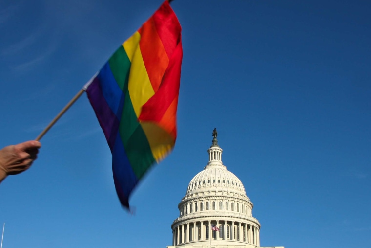 Image: A demonstrator waves a Pride flag in front of the Capitol.
