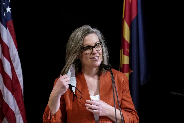 Arizona Secretary of State Katie Hobbs addresses members of Arizona's Electoral College prior to them casting their votes, in Phoenix, on Dec. 14, 2020.