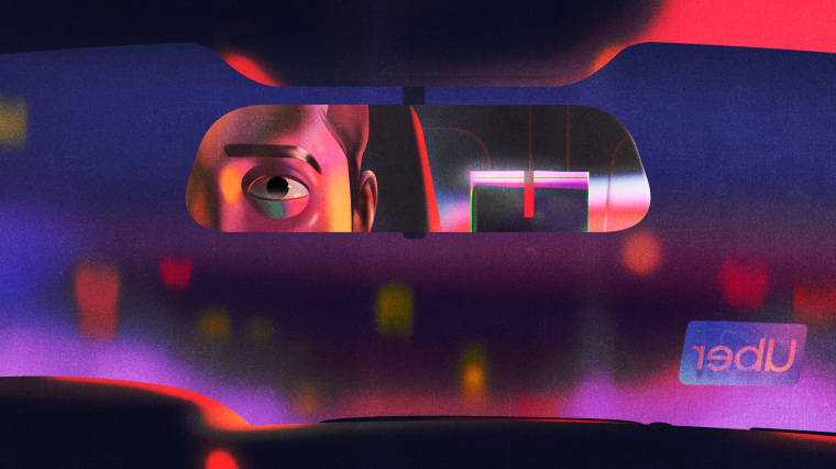 Illustration of an Uber driver looking at a box through his rearview window while driving at night.