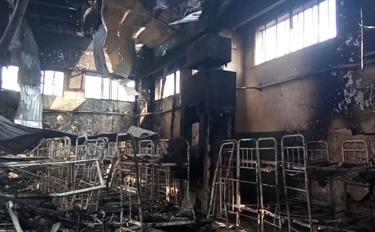 A pre-trial detention center damaged in a rocket attack in Olenivka