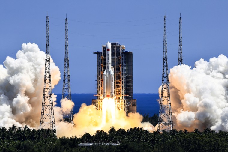 The Long March 5B Y3 launch vehicle carrying the Wentian laboratory module takes off from the Wenchang Space Launch Center in Wenchang, south China's Hainan province, on July 24, 2022.