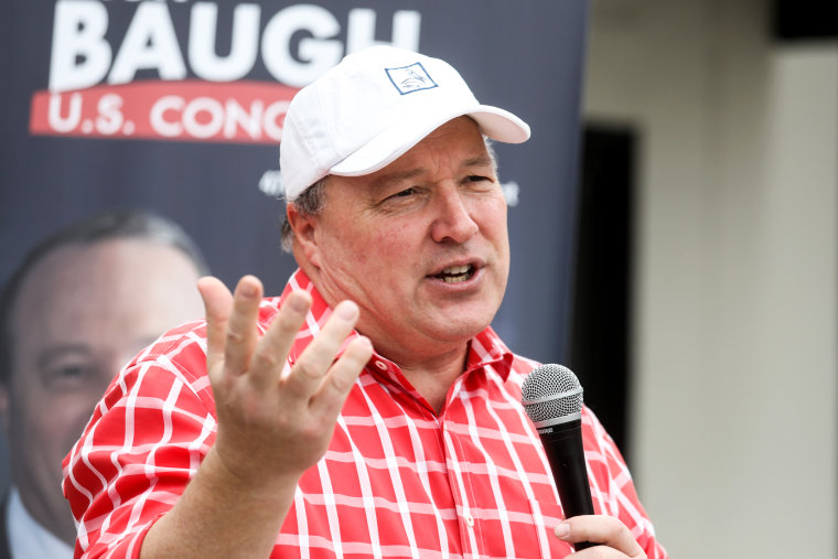 Scott Baugh  speaks to supporters at his campaign kickoff event on April 2, 2022, in Newport Beach, Calif.