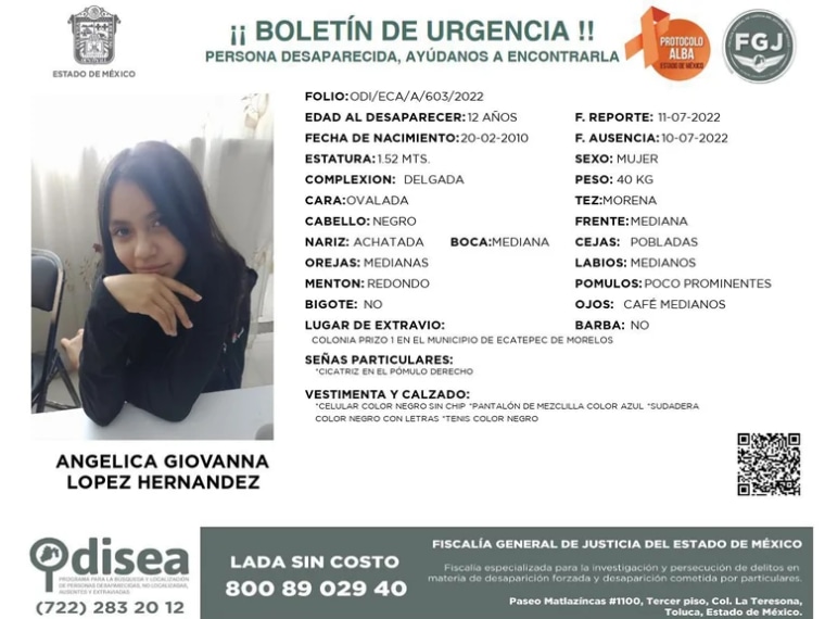 Denuncia de la desaparición de Angélica López, de 12 años.