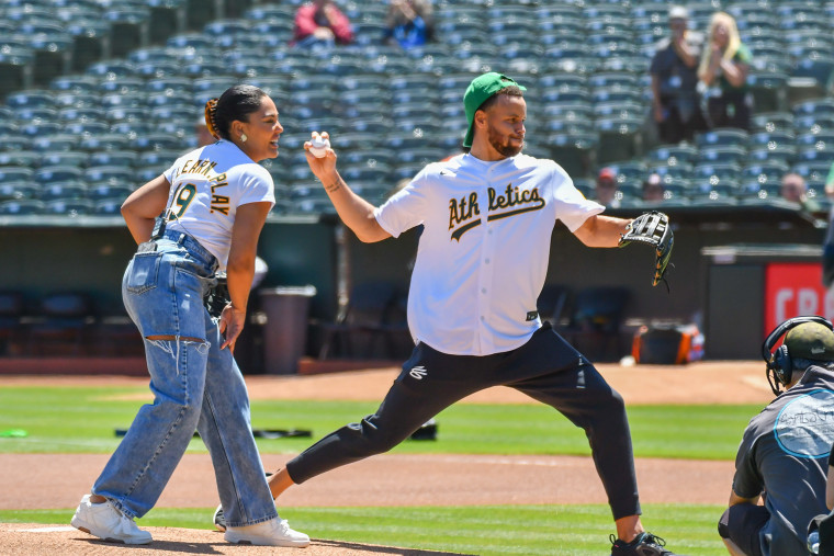 Stephen Curry Throws Wild First Pitch at Oakland A's Game with Ayesha