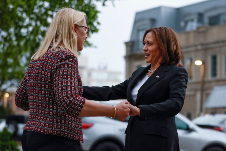 La vicepresidenta de Estados Unidos, Kamala Harris (derecha), es recibida por la alcaldesa de Highland Park, Nancy Rotering (izquierda), a su llegada para visitar el lugar del tiroteo.