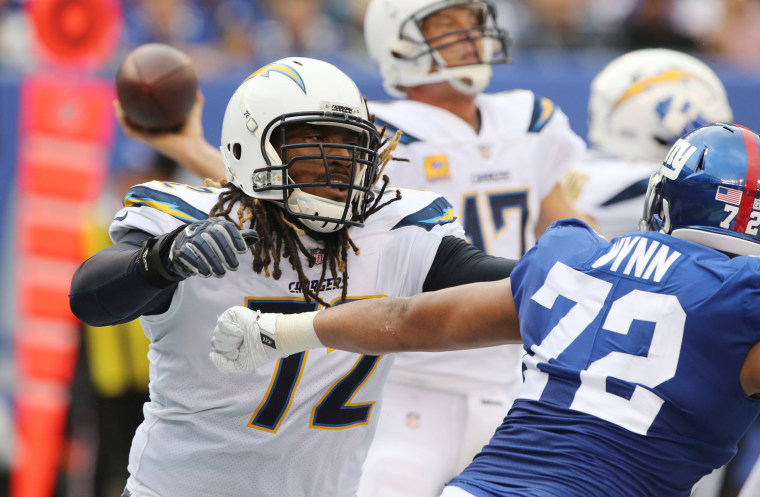 Joe Barksdale, #72 of the Los Angeles Chargers, is seen here in action against the New York Giants on October 8, 2017, in East Rutherford, New Jersey. He spent eight years in the NFL.