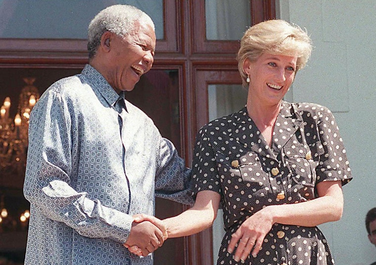 Then-South African President Nelson Mandela and Princess Diana at a press event in Cape Town, South Africa on March 17, 1997. It's the image Prince Harry referred to in his United Nations speech.