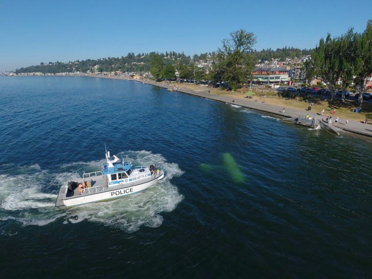 A Seattle Police boat sails near the submerged plane Tuesday.