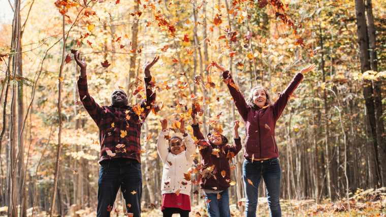 Mixed raced family in a forest, throwing maple leaves