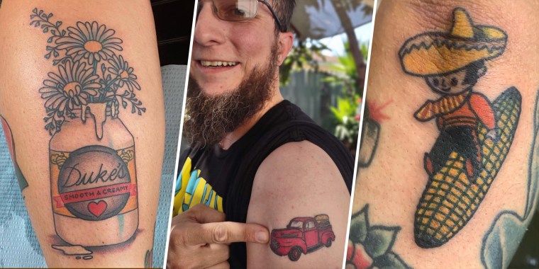 Tattoos people have gotten for free food: a Duke's Mayonnaise jar, a Farmer Boys pickup truck and a Casa Sanchez logo.