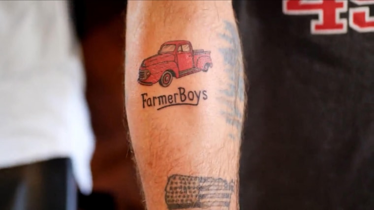 Contestant Damien Basham completed the Farmer Boys tattoo.