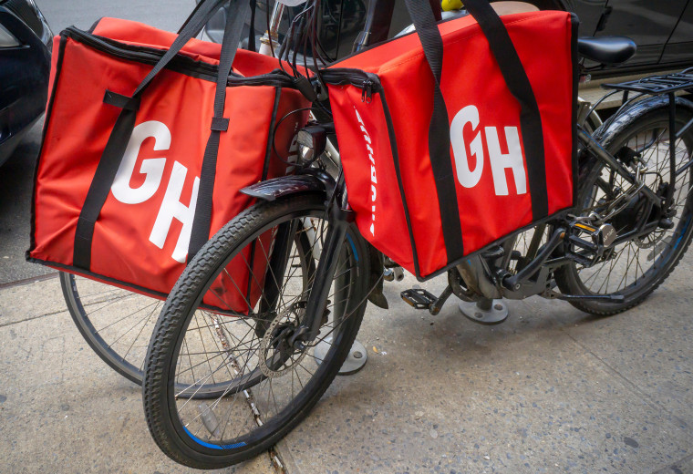 A delivery person's bicycle with Grubhub-branded totes in the Chelsea neighborhood of New York on Saturday, March 16, 2019.
