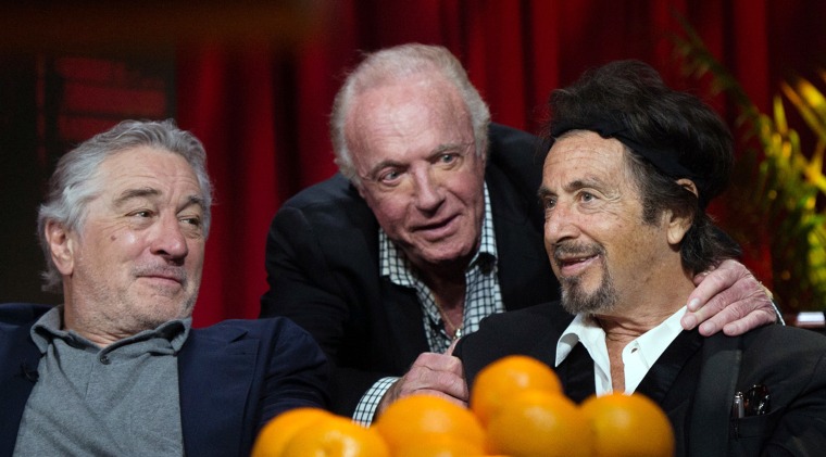 Caan, center, with Pacino, right, and De Niro, left, in April 2017.