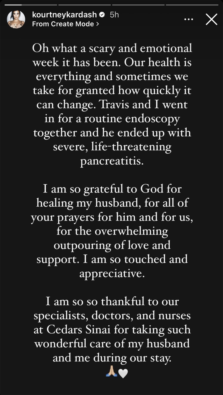 Kardashian'ın Instagram mesajı, Barker'a yardım eden tıp uzmanlarına olan minnettarlığını vurguladı.