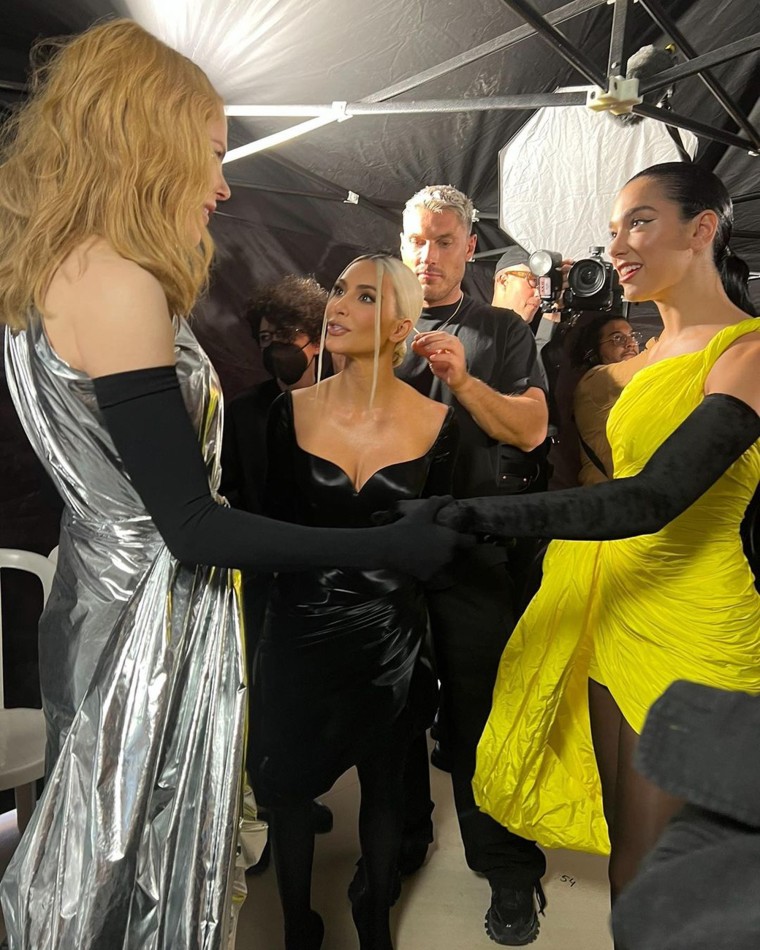 Nicole Kidman, Kim Kardashian and Dua Lipa are seen backstage at the Balenciaga show in Paris.