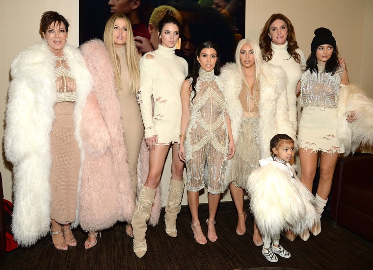 Khloe Kardashian, Kris Jenner, Kendall Jenner, Kourtney Kardashian, Kim Kardashian West, North West, Caitlyn Jenner and Kylie Jenner attend Kanye West Yeezy Season 3 at Madison Square Garden on Feb. 11, 2016 in New York City.