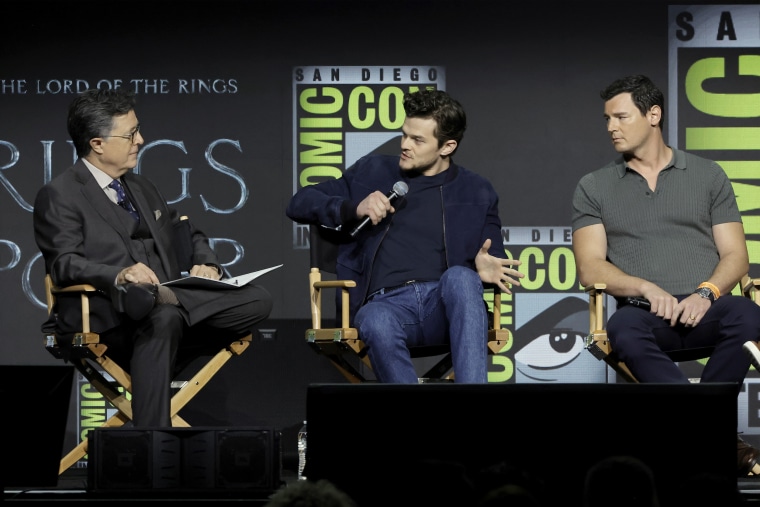 Stephen Colbert, Robert Aramayo (Elrond) and Benjamin Walker (High King Gil-galad) speak onstage at "The Lord of the Rings: The Rings of Power" panel during 2022 Comic-Con International: San Diego on July 22, 2022.