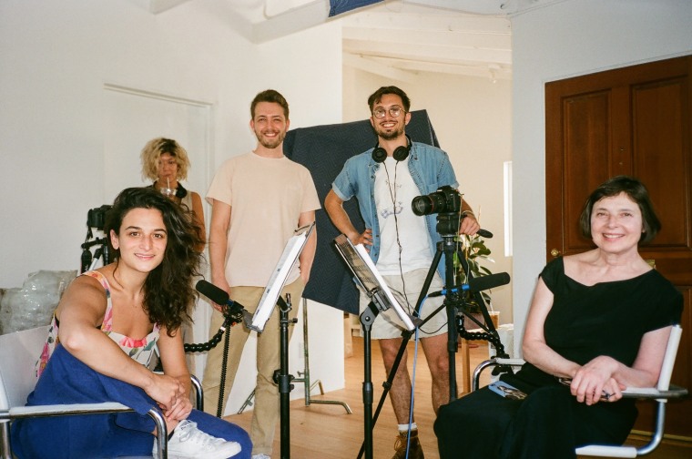 Jenny Slate, Nick Paley, Dean Fleischer Camp and Isabella Rosellini on set.