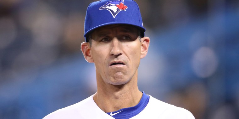TORONTO, ON - MARCH 29: First base coach Mark Budzinski #53 of the Toronto Blue Jays looks on during MLB game action against the Detroit Tigers at Rogers Centre on March 29, 2019 in Toronto, Canada. (Photo by Tom Szczerbowski/Getty Images)