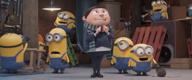 Minions Kevin and Otto, Gru (Steve Carell) and Minions Stuart and Bob in Illumination's "Minions: The Rise of Gru," directed by Kyle Balda.