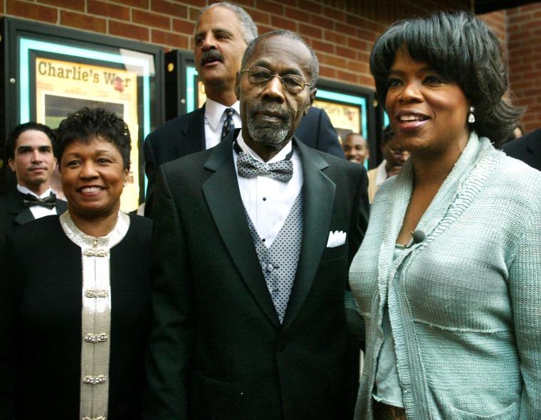 Dr. Barbara Winfrey, Stedman Graham, Vernon Winfrey and daughter Oprah Winfrey arrive at the opening of Charlie's War at the Nashville Film Festival at the Green Hills Regal Cinema May 2, 2003 in Nashville Tennessee.