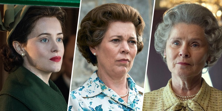 Claire Foy, Olivia Colman and Imelda Staunton play Queen Elizabeth II in "The Crown."