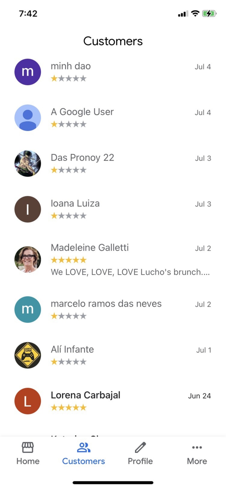 Customer reviews for restaurant Luchos which include several fraudulent one-star reviews. 