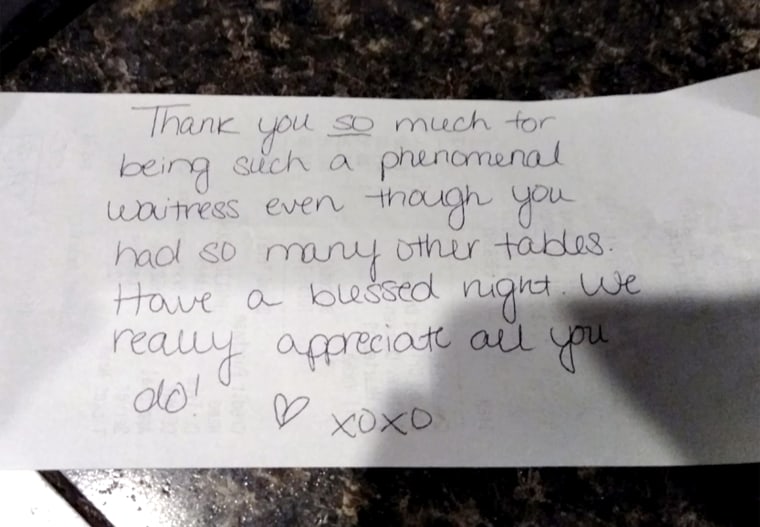 "(This is) a note I found on the back of one of my credit card slips this week," said Moore. "I just thought I'd include it because those are the little things that make a servers night even a little bit better. The whole week wasn't awful. There were gracious and friendly people out too. I don't want them forgotten. We greatly appreciate all our patrons, especially the ones that treat us with respect and go out of their way to let us know."