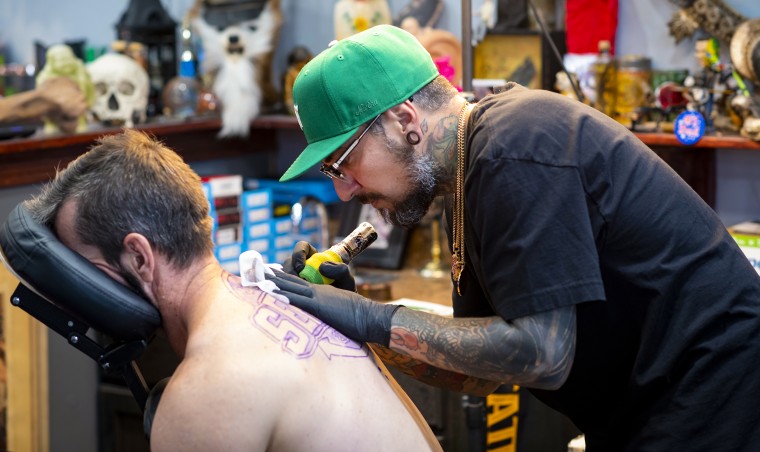 James Kunz getting his Subway Series tattoo at Bad Apple Tattoo in Las Vegas.