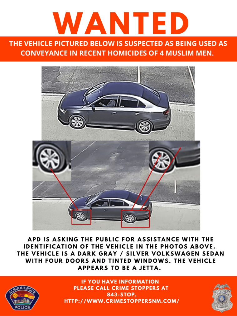 A flyer from Albuquerque Metro Crime Stoppers asks for the public's help identifying a car authorities say may be linked to the shooting deaths of four Muslim men in Albuquerque, N.M. 