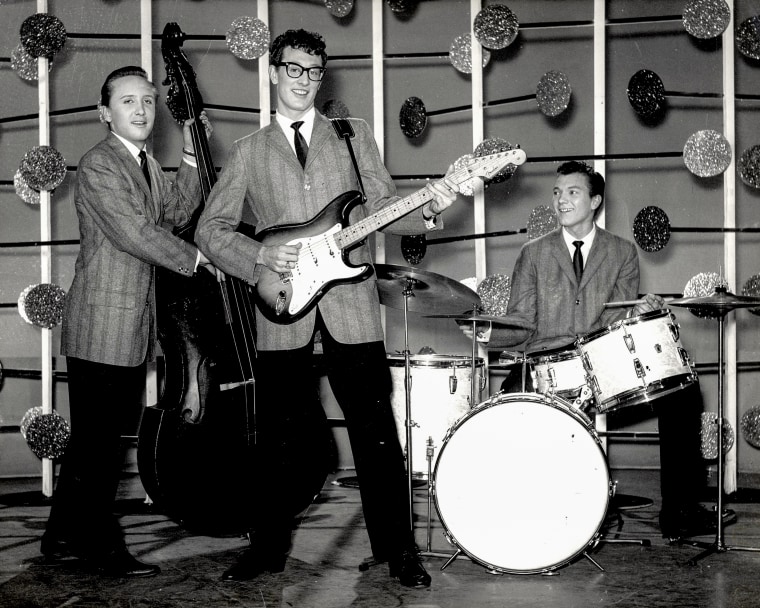Image: From left, Joe B Mauldin, Buddy Holly and drummer, Jerry Allison on the BBC television show 'Off The Record' during their UK tour in 1958.