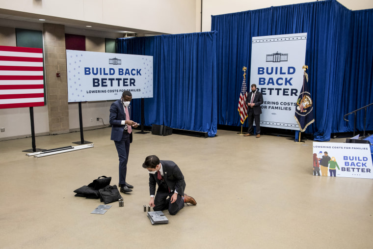 Image: Build Back Better signage is seen as White House staff pack up after an event about healthcare and prescription drug prices on February 10, 2022, in Culpeper, Virginia.