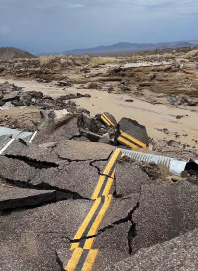 Image: The damaged intersection of Kelbacker Road and Mojave Road in the Mojave National Preserve, Calif., on July 31, 2022.