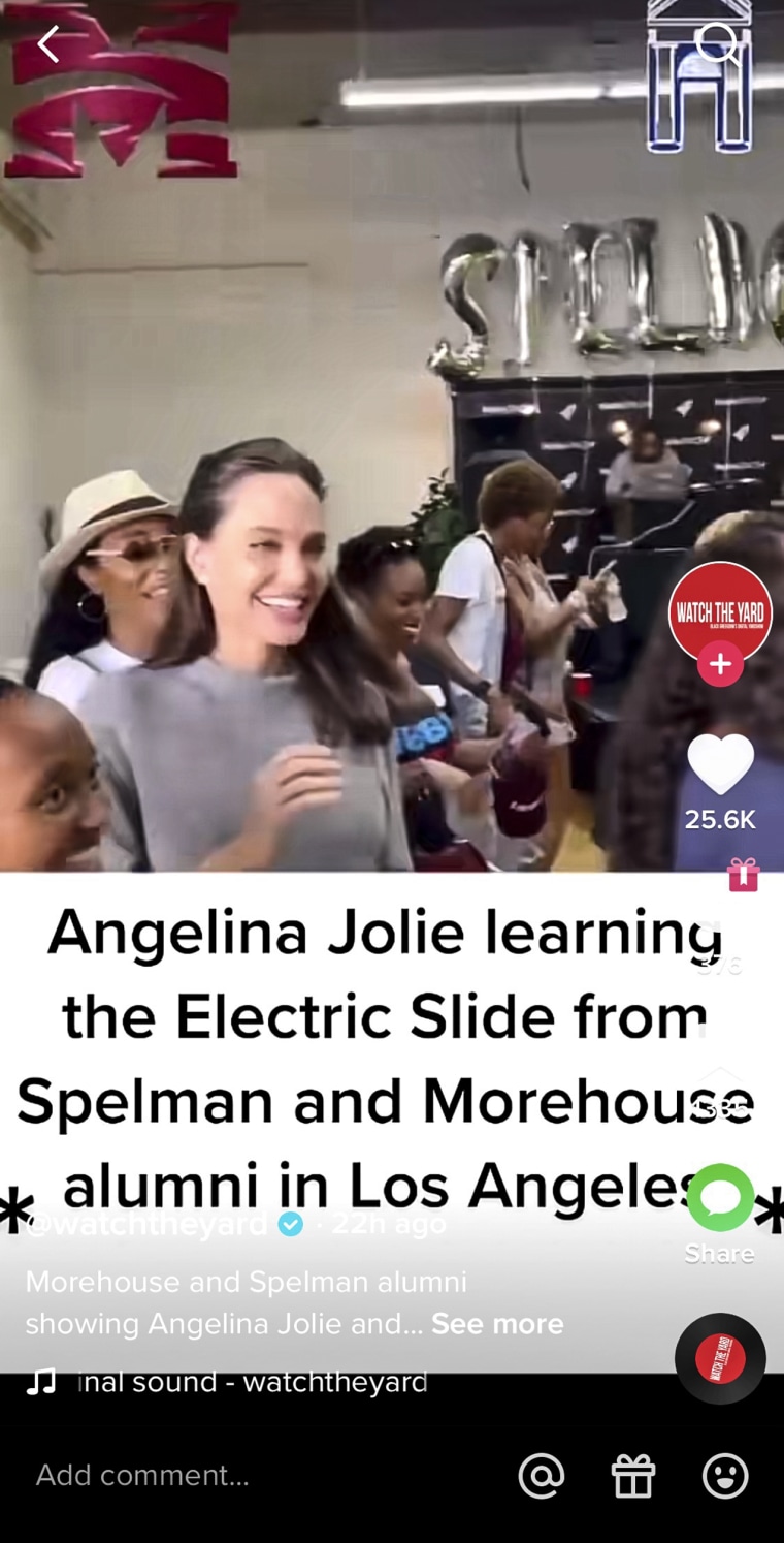 Image: Angelina Jolie in a TikTok of her doing the electric slide in Los Angeles with alumni of Spelman and Morehouse College.