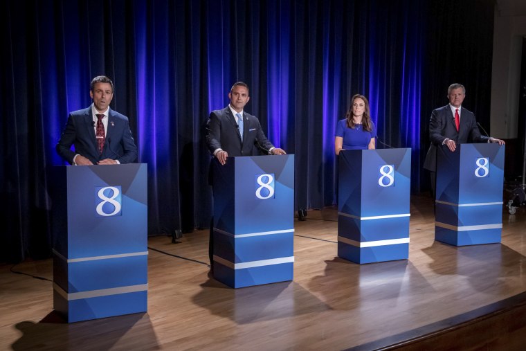 From left, Michigan Republican gubernatorial candidates Ryan Kelly, Garrett Soldano, Tudor Dixon and Kevin Rinke at a July 6 debate.