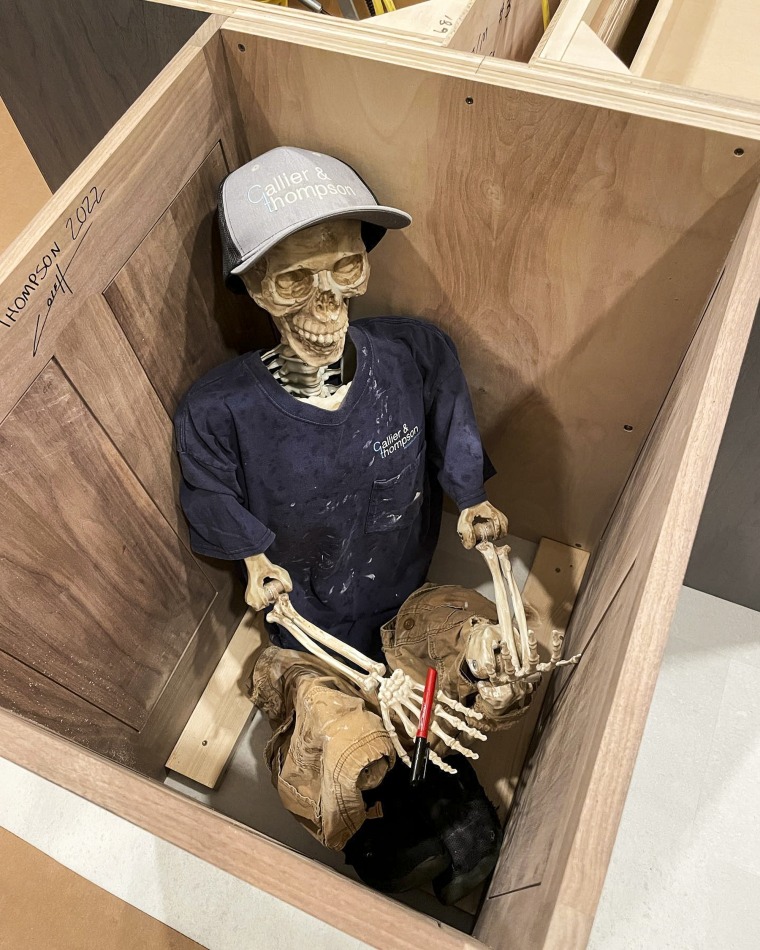 The lead carpenter for Callier & Thompson was inspired by a meme he saw in a construction group about hiding a skeleton in unused cabinet space for future homeowners or demo crews to uncover.