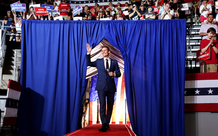 Image: Republican Senate candidate Blake Masters arrives in Prescott Valley, Arizona, July 22, 2022, for a campaign rally hosted by former President Donald Trump.