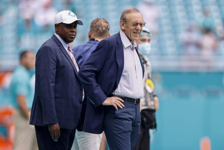 Image: General manager Chris Grier and owner Stephen Ross of the Miami Dolphins at Hard Rock Stadium on September 19, 2021 in Miami, Fla.