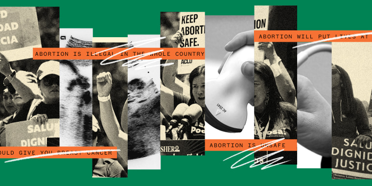 Photo illustration: Images of women holding signs that read, "Salud Dignidad Justicia" and "Keep Abortion safe" along with close ups of ultrasounds and a hand holding an ultrasound abdominal probe superimposed with orange colored strips of text that read,"Abortion is unsafe" with scribbles over it.