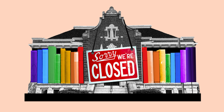 Photo illustration: A sign that reads,"Sorry we're closed" over a public library facade holding books with rainbow colored spines.
