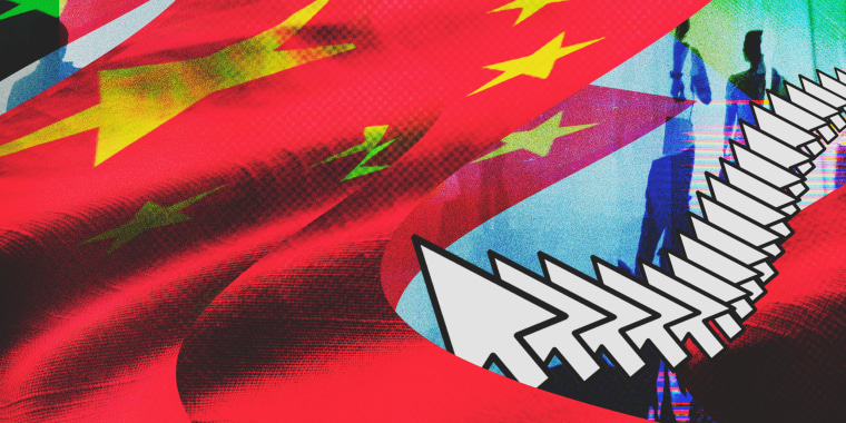 Photo illustration of a distorted Chinese flag, distorted silhouettes, and a repeating mouse cursor.