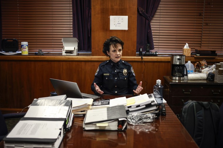 Louisville Metro Police Chief Erika Shields during an interview at Police Headquarters in Louisville, Ky., on Oct. 25, 2021.