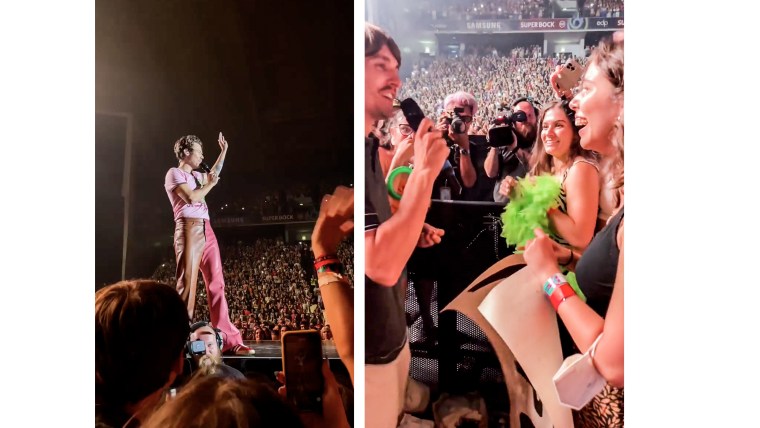 Image: Harry Styles helps a fan propose to his girlfriend during his Love On Tour on July 31, 2022, in Lisbon.