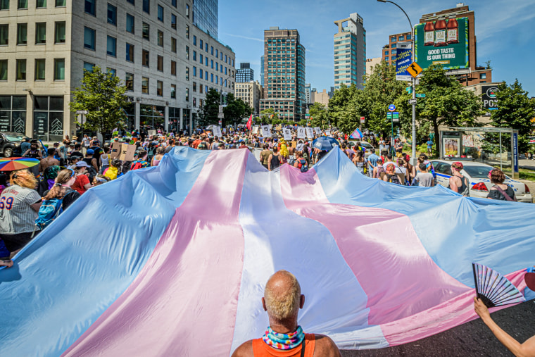 A giant trans flag held by participants of the Reclaim Pride Coalition's (RPC) fourth annual Queer Liberation March, on June 26, 2022 in New York.