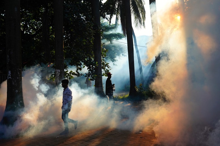 People walk through the fumes after a worker sprays pesticide to kill mosquitoes at a public park in Dhaka, Bangladesh, on July 14, 2021.