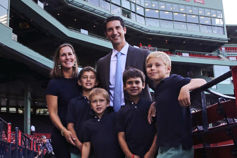 Nicole Hazen pictured with Mike Hazen and their four sons at Fenway Park in Boston, on Sept. 24, 2015. 