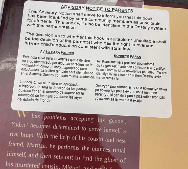 An advisory notice to parents placed on over 100 books in public schools in Collier County
